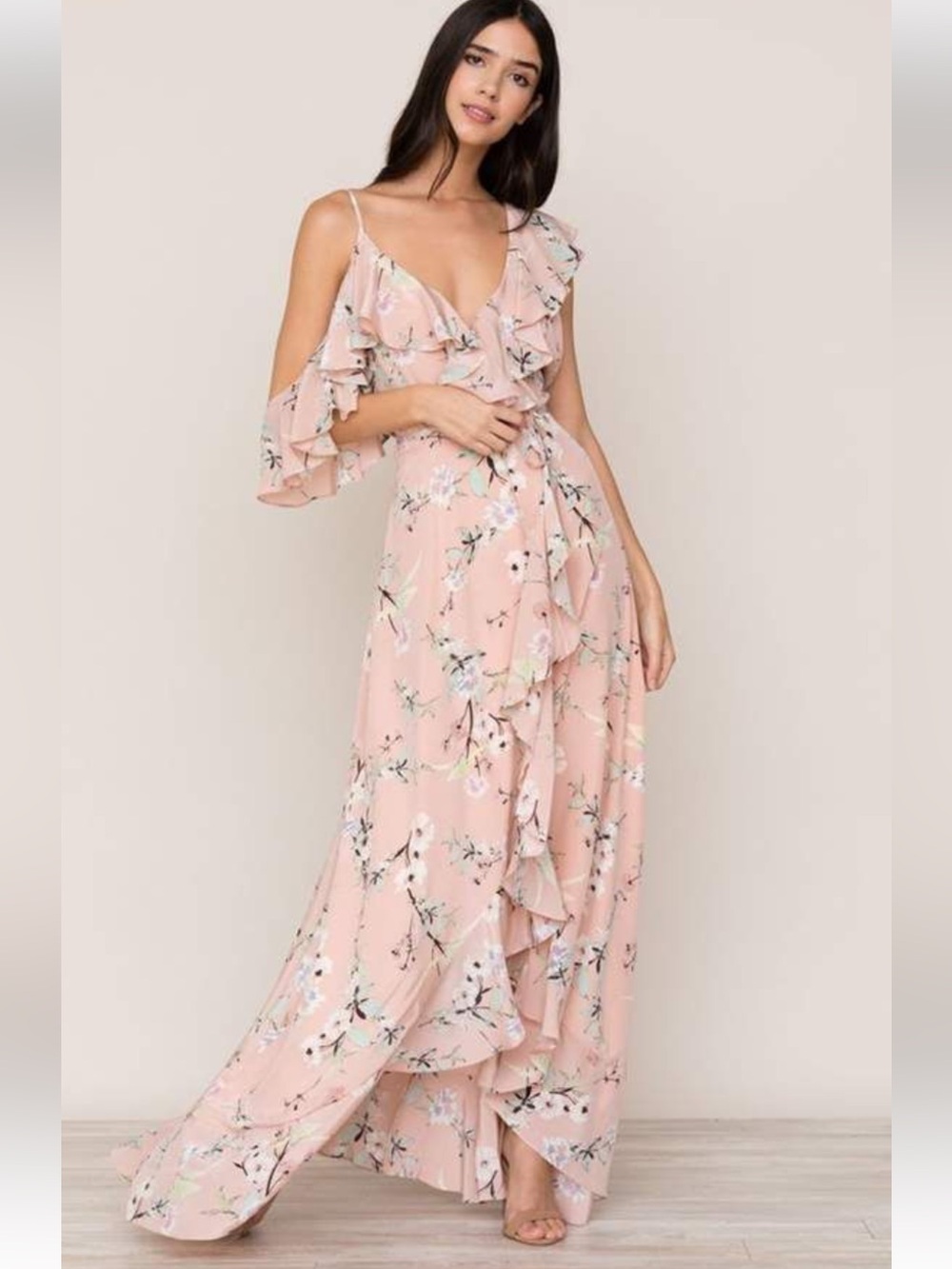 Yumi Kim Butterfly Kiss pink floral Silk wrap high low maxi dress